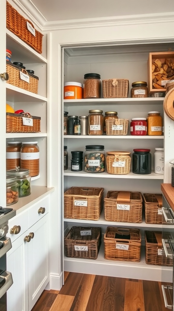 A cozy and organized pantry with labeled baskets and jars.