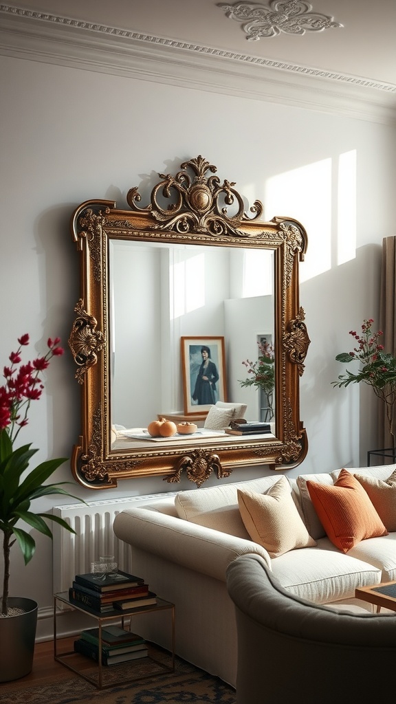 A large ornate mirror hangs above a sofa in a stylish living room