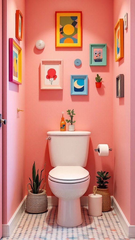 Brightly colored wall art in a small toilet with a pink background.