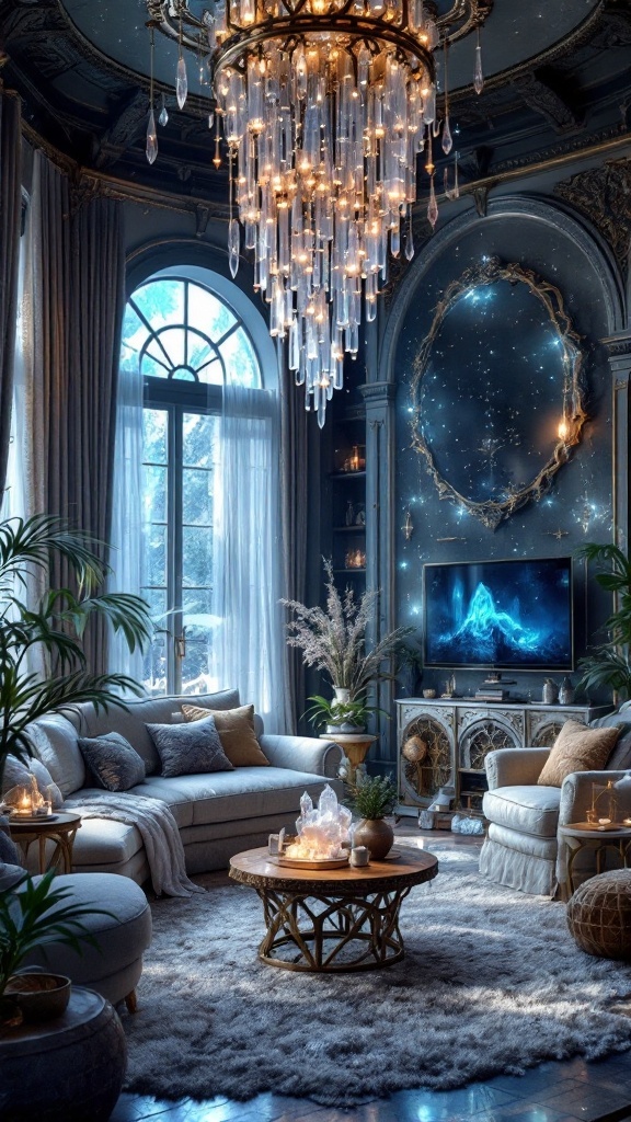 A beautifully decorated living room featuring crystal accents, a plush rug, and a stunning chandelier.