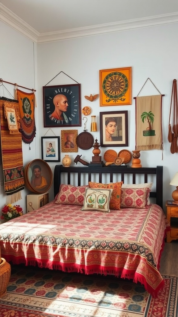 A cozy bedroom featuring a bed adorned with a patterned blanket and a wall decorated with various cultural artifacts and crafts.