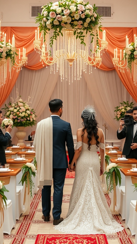 A couple holding hands, dressed in elegant wedding attire, standing in a beautifully decorated venue with floral arrangements and chandeliers.
