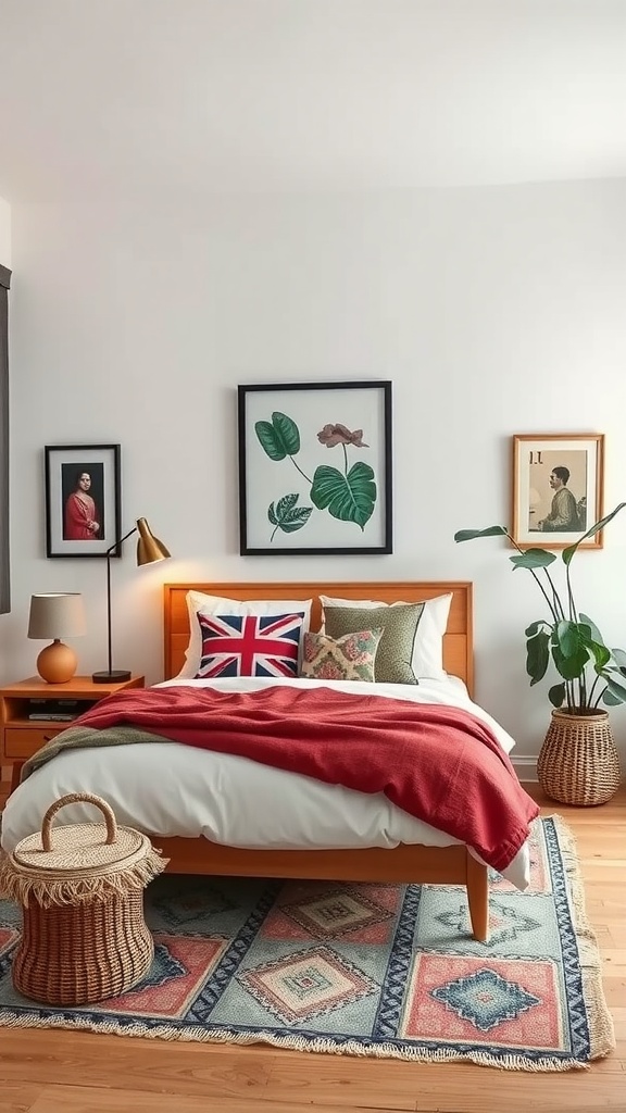 An eclectic bedroom with cultural fusion decor featuring a mix of art, textures, and colors.