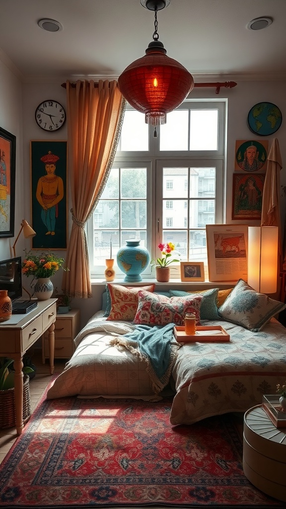 A cozy teen boy bedroom with cultural fusion elements, featuring vibrant textiles and global art.