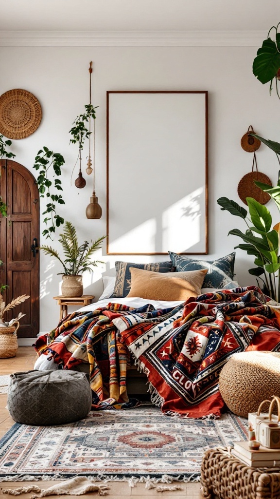A cozy boho farmhouse bedroom featuring a colorful blanket, potted plants, and natural decor elements.