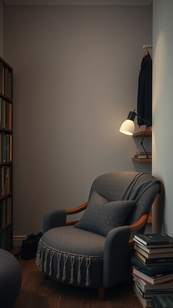 A cozy reading nook with a comfortable chair, bookshelves, and warm lighting
