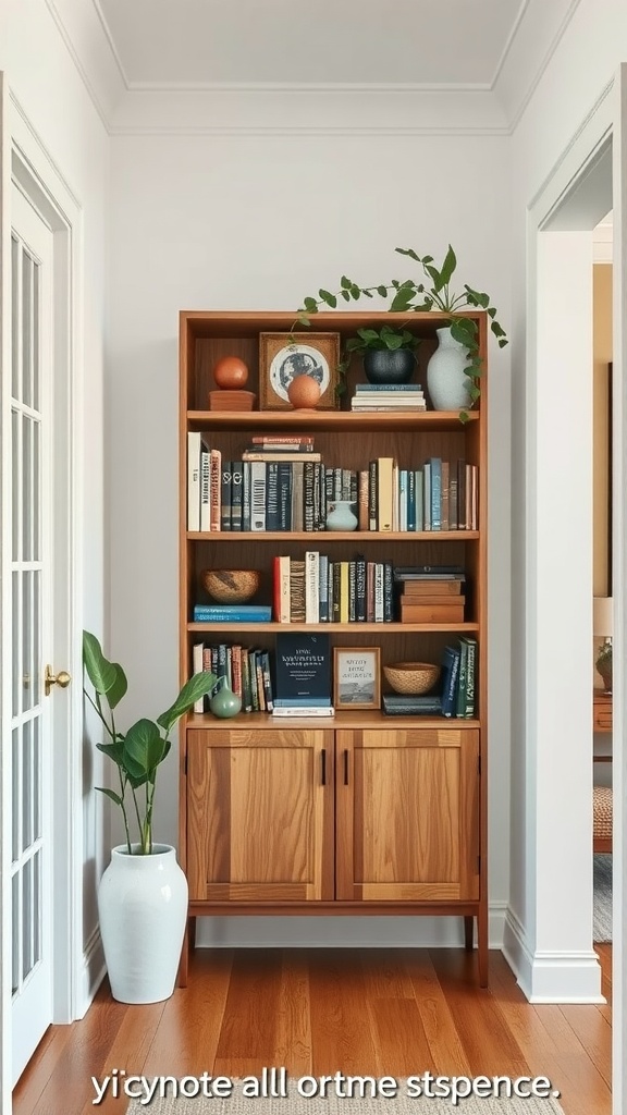 A minimalist entryway featuring a curated bookshelf with books and decorative items.