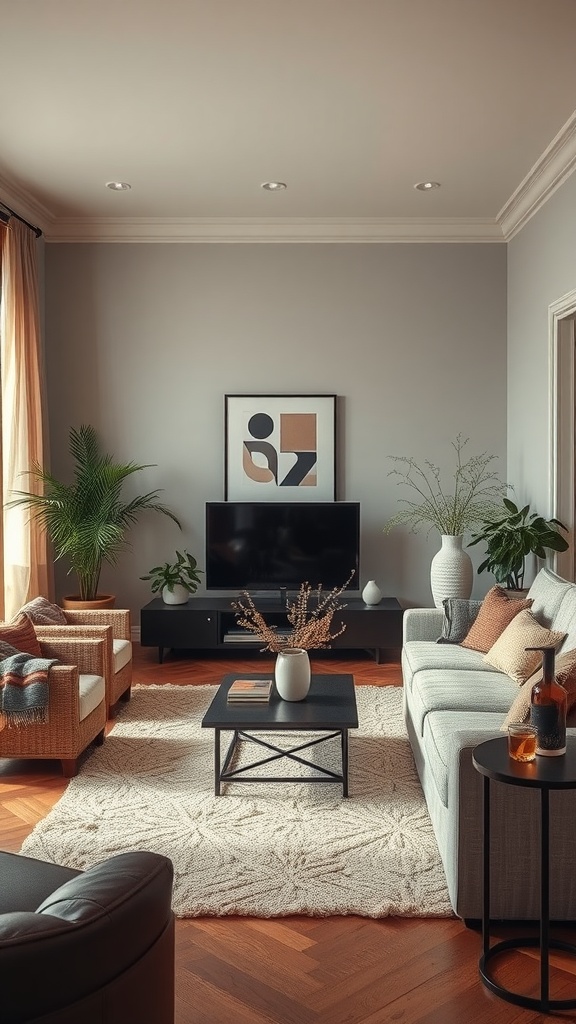 A cozy living room with a mix of textures, plants, and stylish furniture.