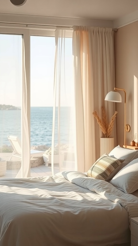 A cozy bedroom with flowing curtains by the ocean, creating a dreamy atmosphere.