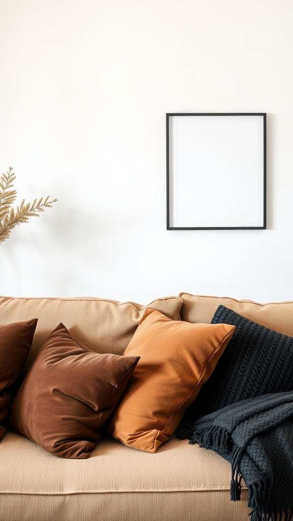 A cozy living room sofa adorned with brown and orange cushions, showcasing a stylish throw blanket.