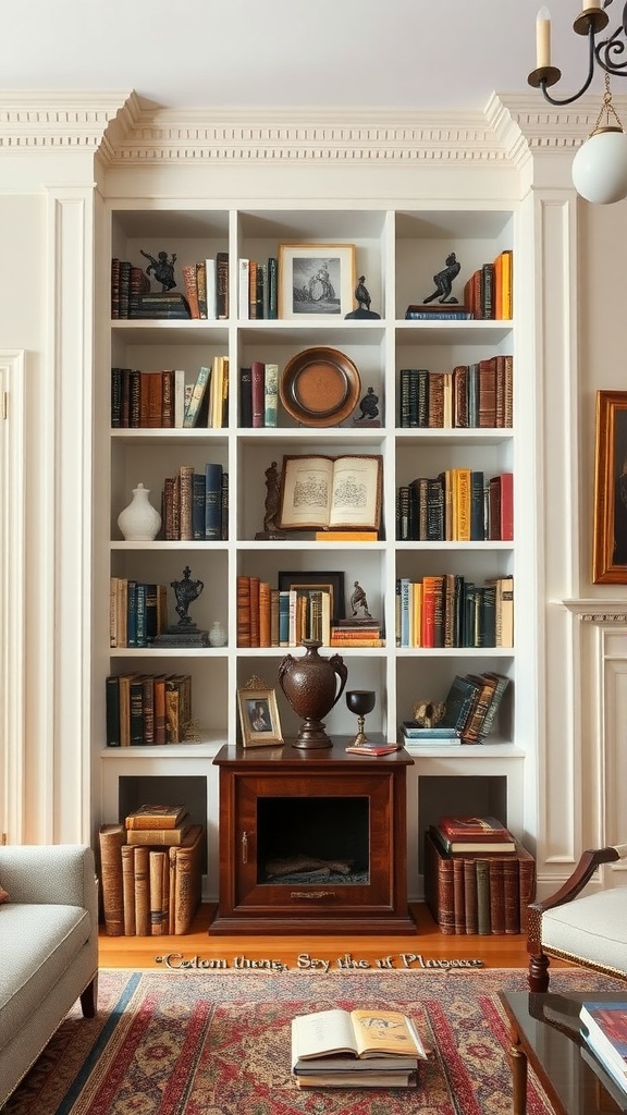 Custom built-in shelves filled with books and decorative items in a colonial living space.