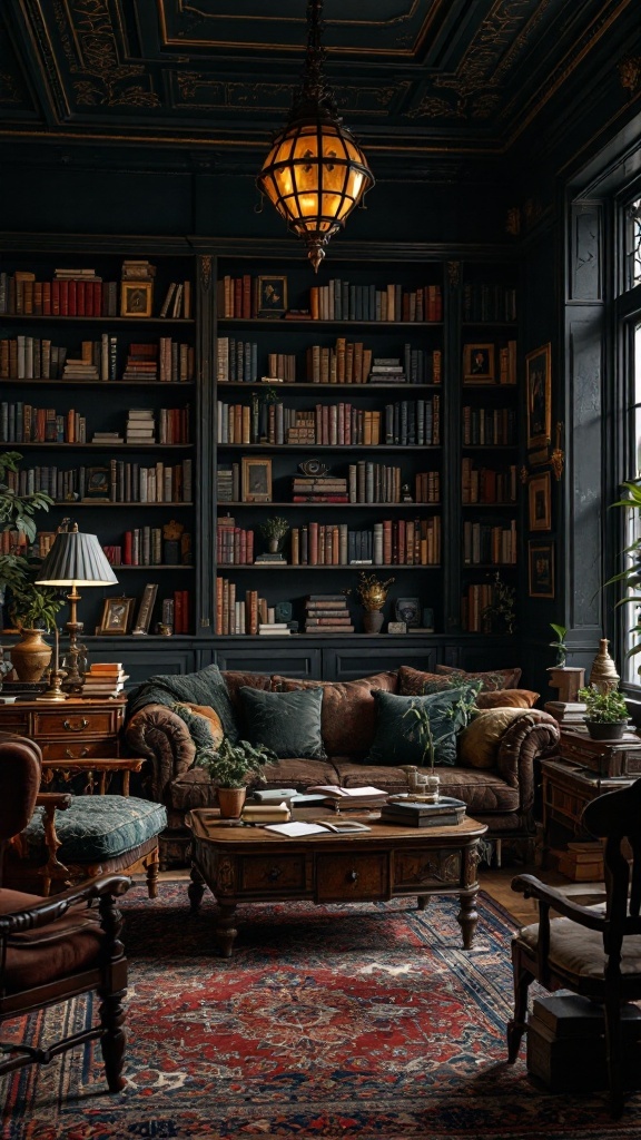 A dark academia inspired living room with bookshelves, cozy seating, and warm lighting.