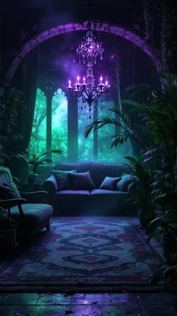 A dark and enchanting living room with purple lighting, a chandelier, and lush plants.