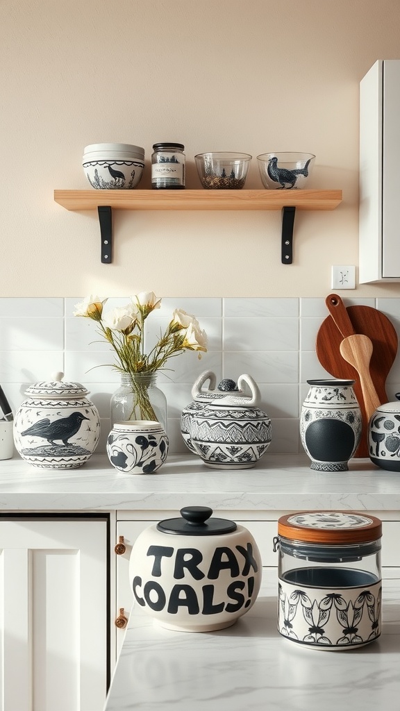 A collection of decorative black and white ceramic jars and bowls on a kitchen countertop.