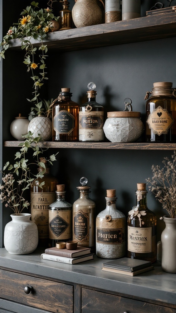 A collection of decorative potion bottles in various styles on a wooden shelf.