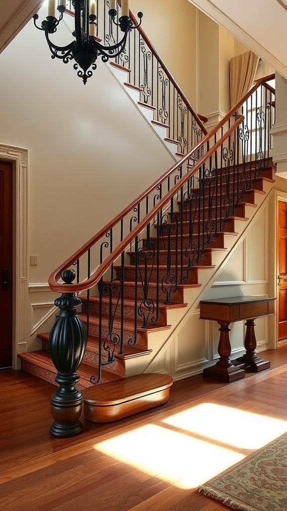 Elegant decorative staircase with wrought iron railing in a colonial home.