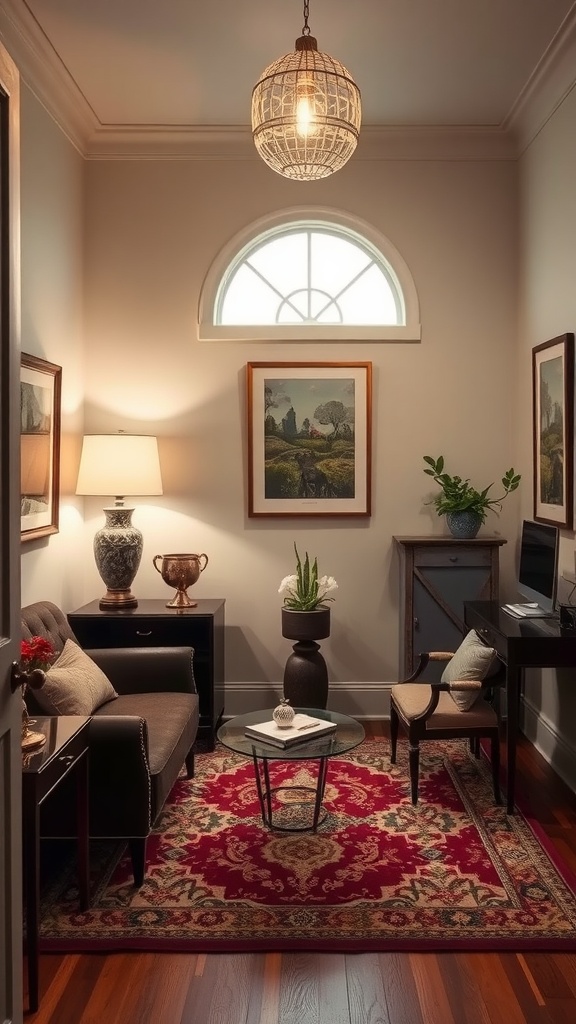 A cozy corner with a striped armchair, decorative art, and indoor plants in a guest bedroom office.