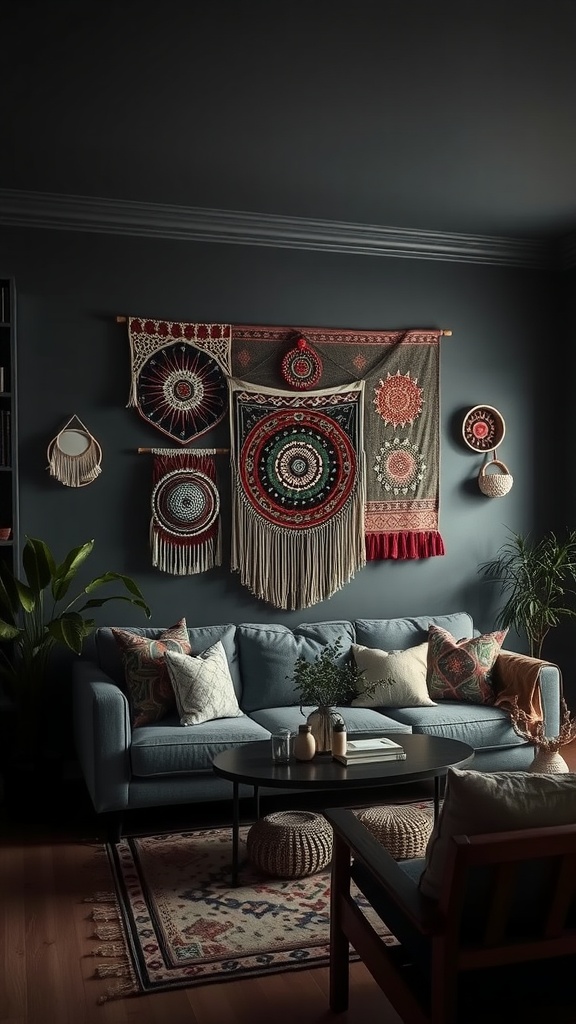 A dark boho living room featuring decorative wall hangings including macramé and woven textiles.