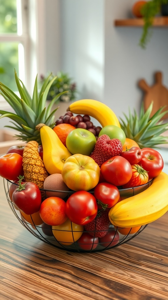 A colorful fruit bowl filled with various fruits like bananas, strawberries, and tomatoes on a wooden table.