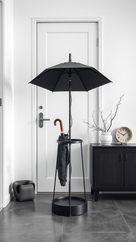 A modern black umbrella stand with an umbrella and a gray jacket, set against a minimalist entryway.