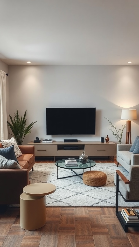 A cozy living room featuring a television, stylish furniture, and a well-organized layout.