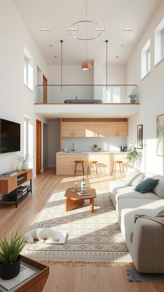 A stylish open-concept living room in a studio apartment with a cozy couch, wooden furniture, and modern decor.