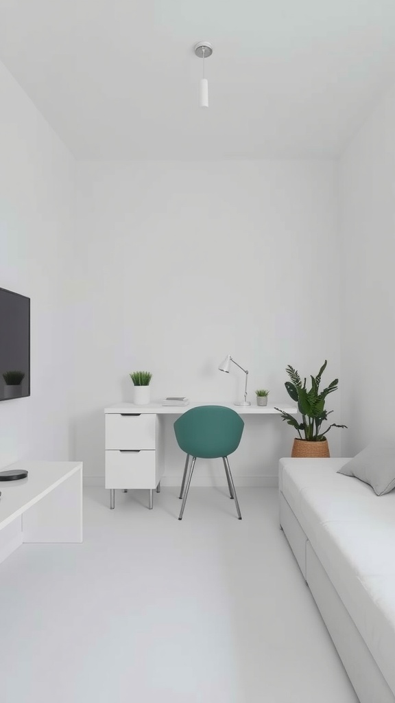 Minimalist studio apartment living room with a white couch, a desk with a green chair, and plants.
