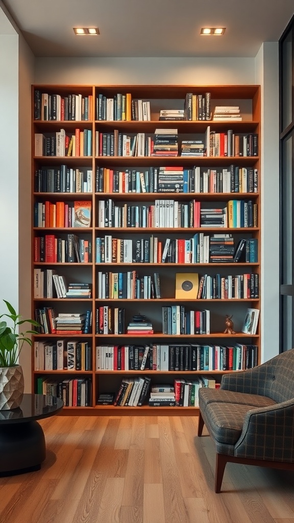 A cozy home library with creatively arranged books on wooden shelves and a comfortable chair.