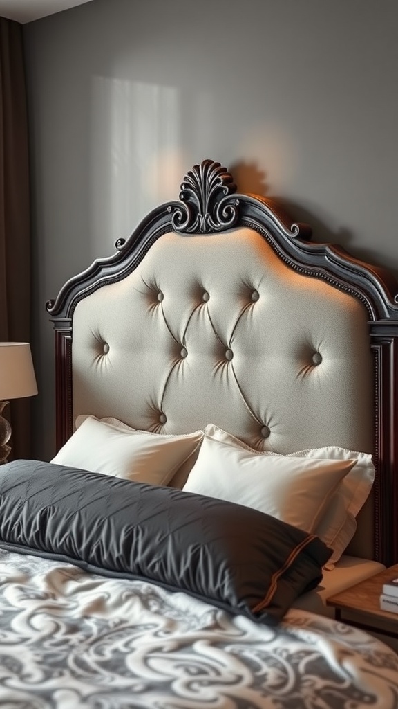 Elegant upholstered headboard with decorative detailing and soft pillows.