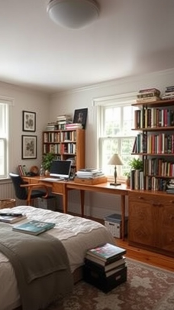 A cozy guest bedroom and office setup featuring bookshelves, a desk, and a neatly made bed.
