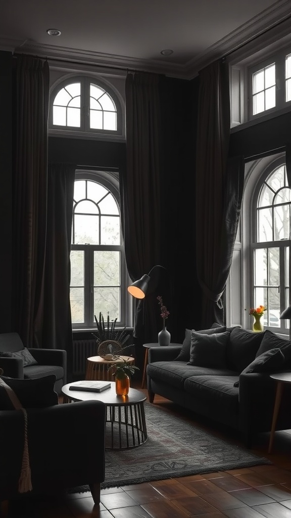 A stylish living room with dark curtains, a cozy sofa, and elegant decor.