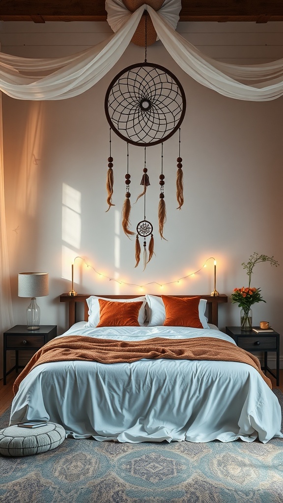 A cozy bedroom with a dreamcatcher hanging above the bed, featuring soft bedding and warm lighting.
