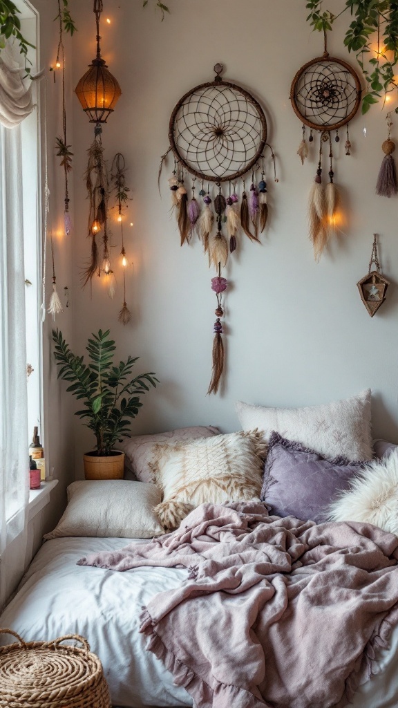 A beautifully decorated boho farmhouse bedroom featuring dreamcatchers, soft pillows, and plants.