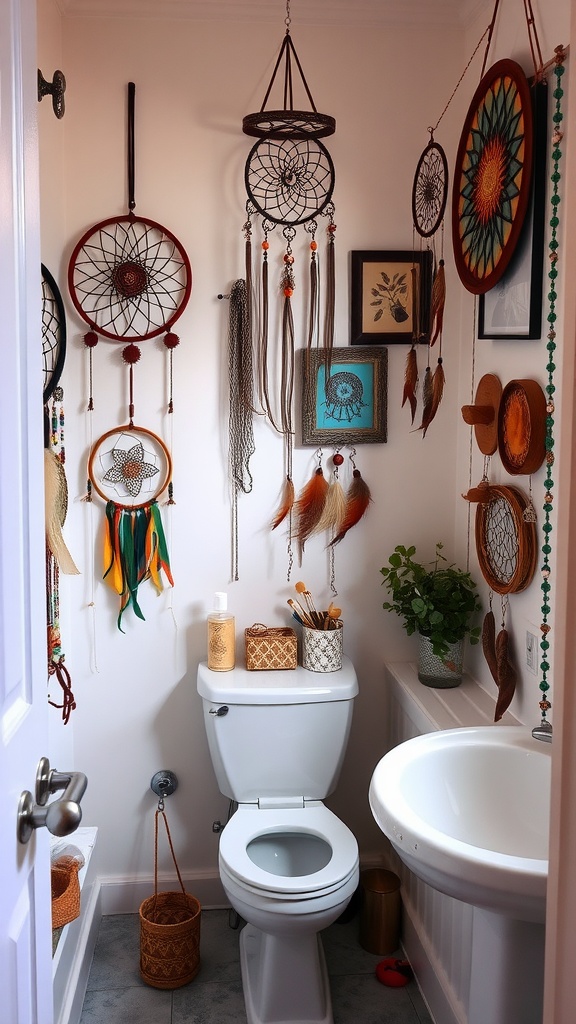 A boho bathroom featuring dreamcatchers and wall decor.