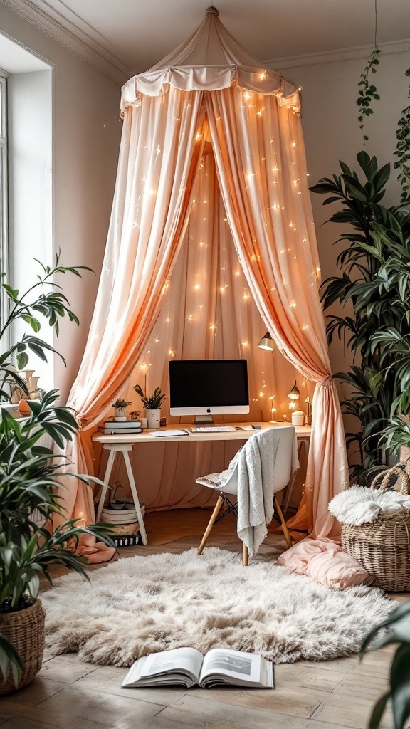 Cozy office setup with a canopy and string lights