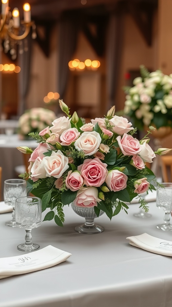 A serene arrangement featuring dusty rose flowers and soft gray fabric.