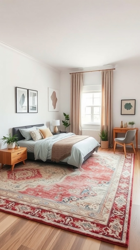 A cozy bedroom featuring a dynamic area rug with bold colors and intricate patterns, complemented by modern furniture.