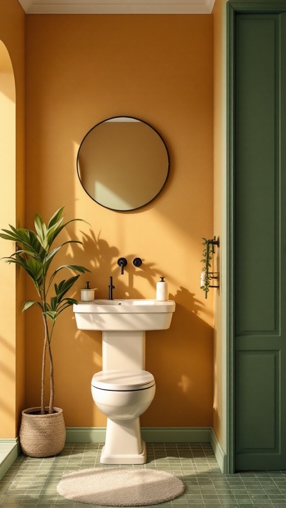 A bathroom with earth tone paint, featuring terracotta walls and olive green accents.