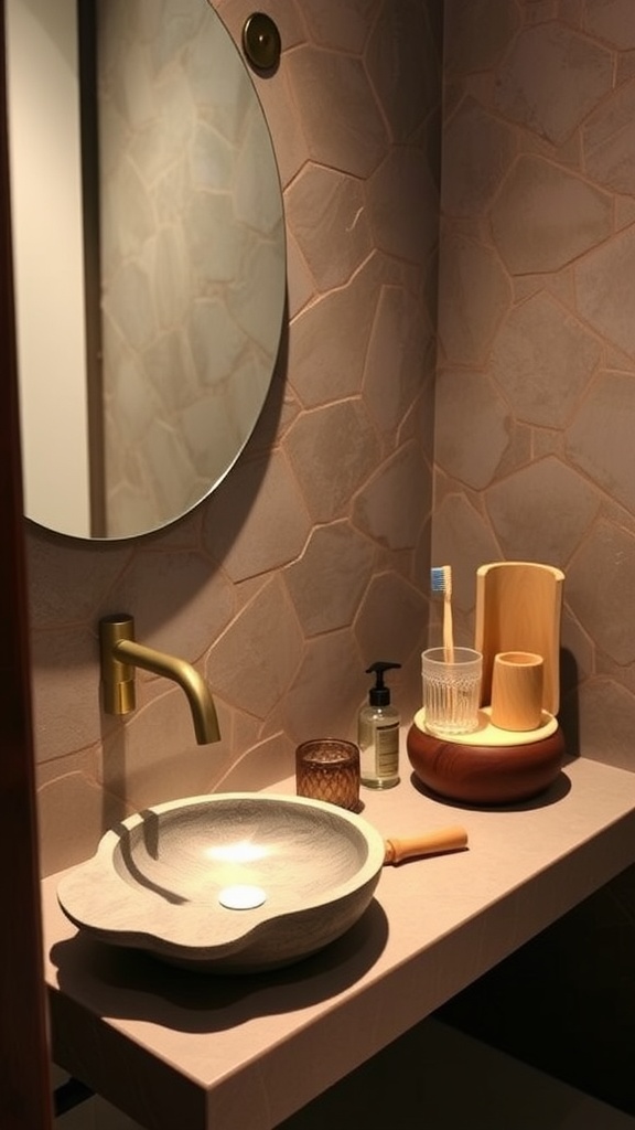 Stylish bathroom with natural stone sinks, wooden accents, and a round mirror.