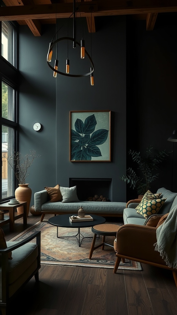 Dark boho living room with earthy color palette, featuring deep greens and warm browns.