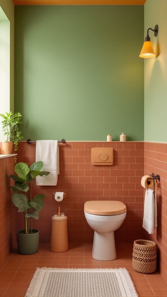 A cozy bathroom featuring earthy tones with green and terracotta tiles.