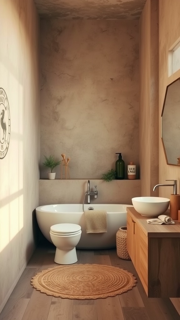 A bohemian bathroom with earthy tones, featuring a bathtub, wooden elements, and a round rug.