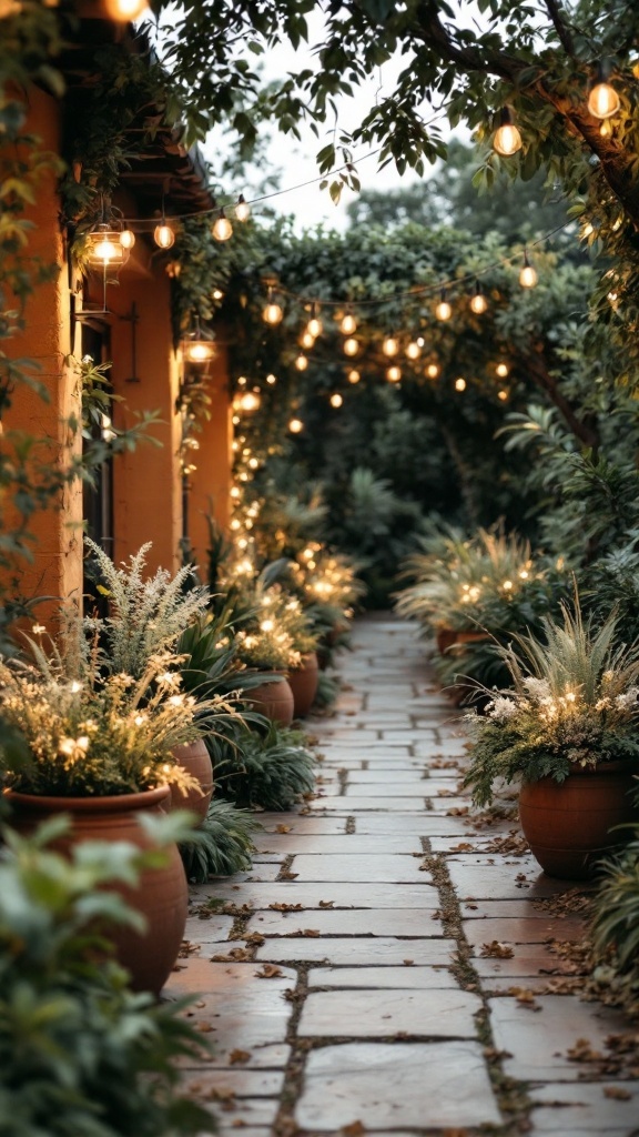 A charming outdoor path with terracotta pots and soft lights surrounded by greenery.