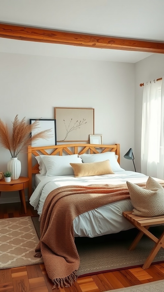 A cozy boho bedroom featuring earthy tones and natural textures.