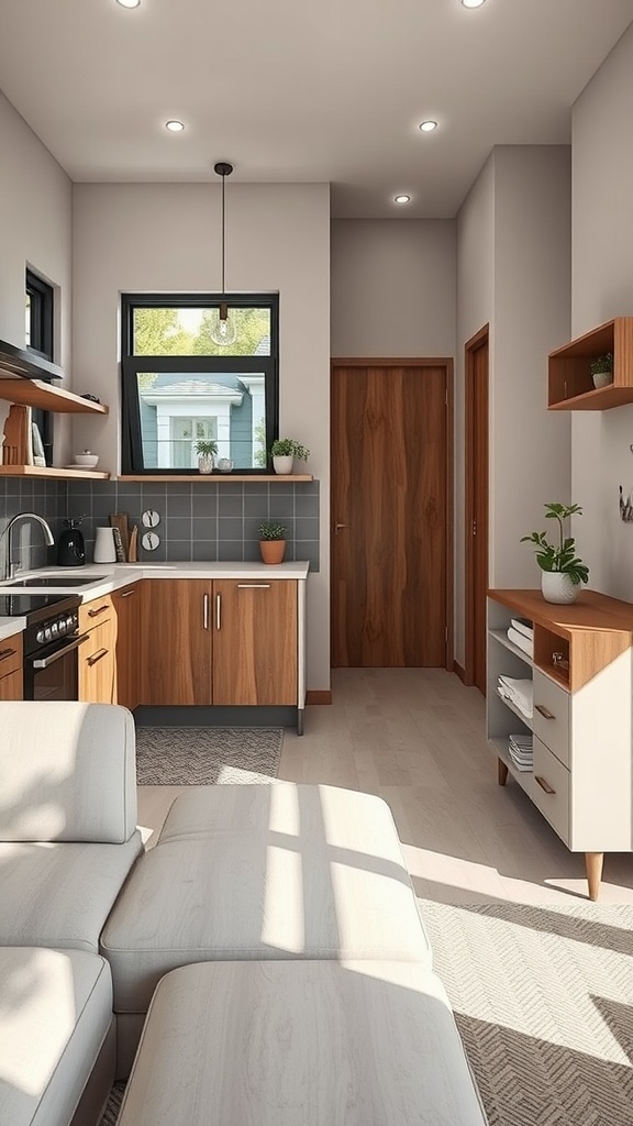 A small living room kitchen combination featuring modern cabinetry and a comfortable sofa.