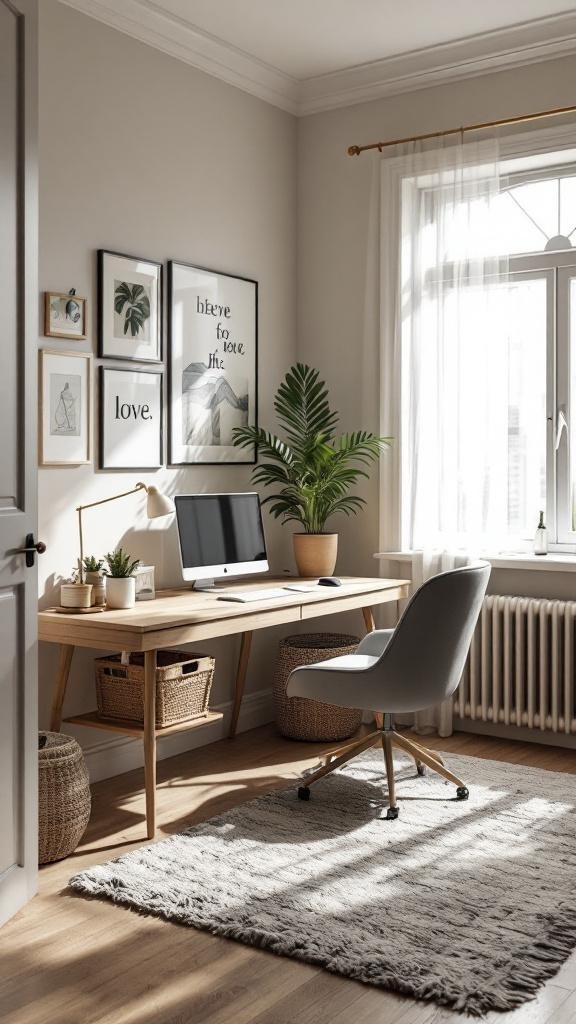 A stylish guest bedroom/office with a wooden desk, comfortable chair, and decorative plants.