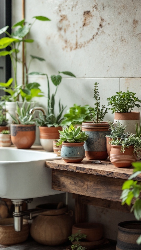 A collection of clay pots filled with various plants in a bathroom setting.