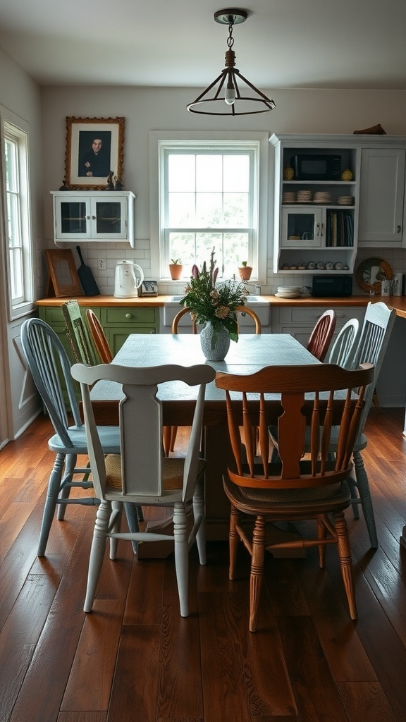 A cozy cottage kitchen featuring a mix of colorful dining chairs around a table.