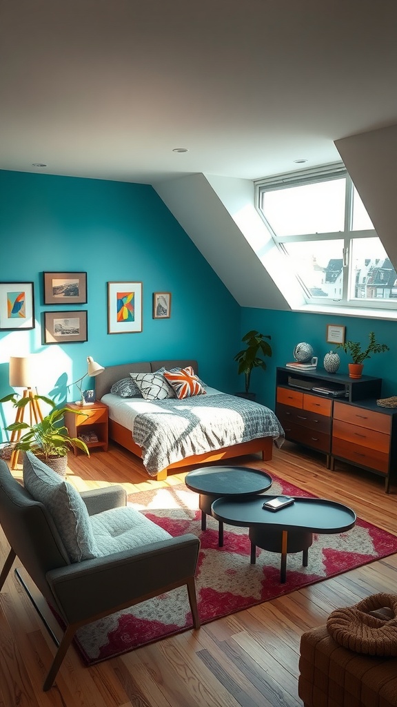A vibrant bedroom featuring an eclectic arrangement of furniture, including a bed, modern chair, and stylish coffee tables.