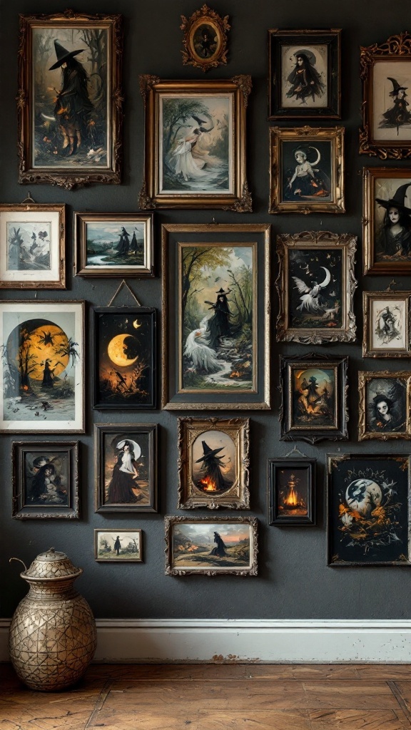 An eclectic gallery wall featuring various framed witch-themed artworks.